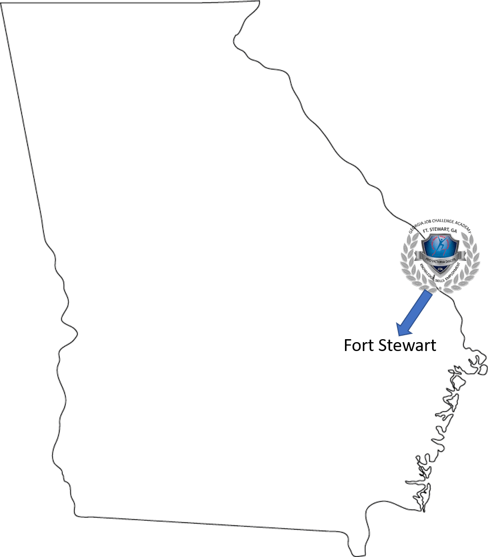 A map of Georgia with a star at the position of job challenge academy and the job challenge academy logo.