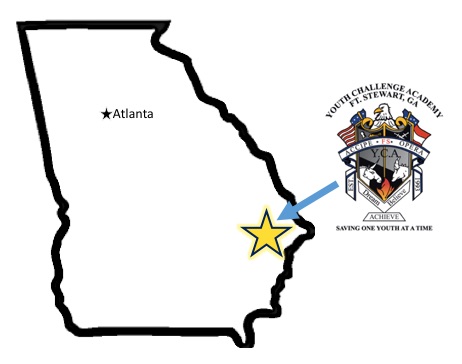 A map of Georgia with a star at the position of ft. stewart and the stewart logo.